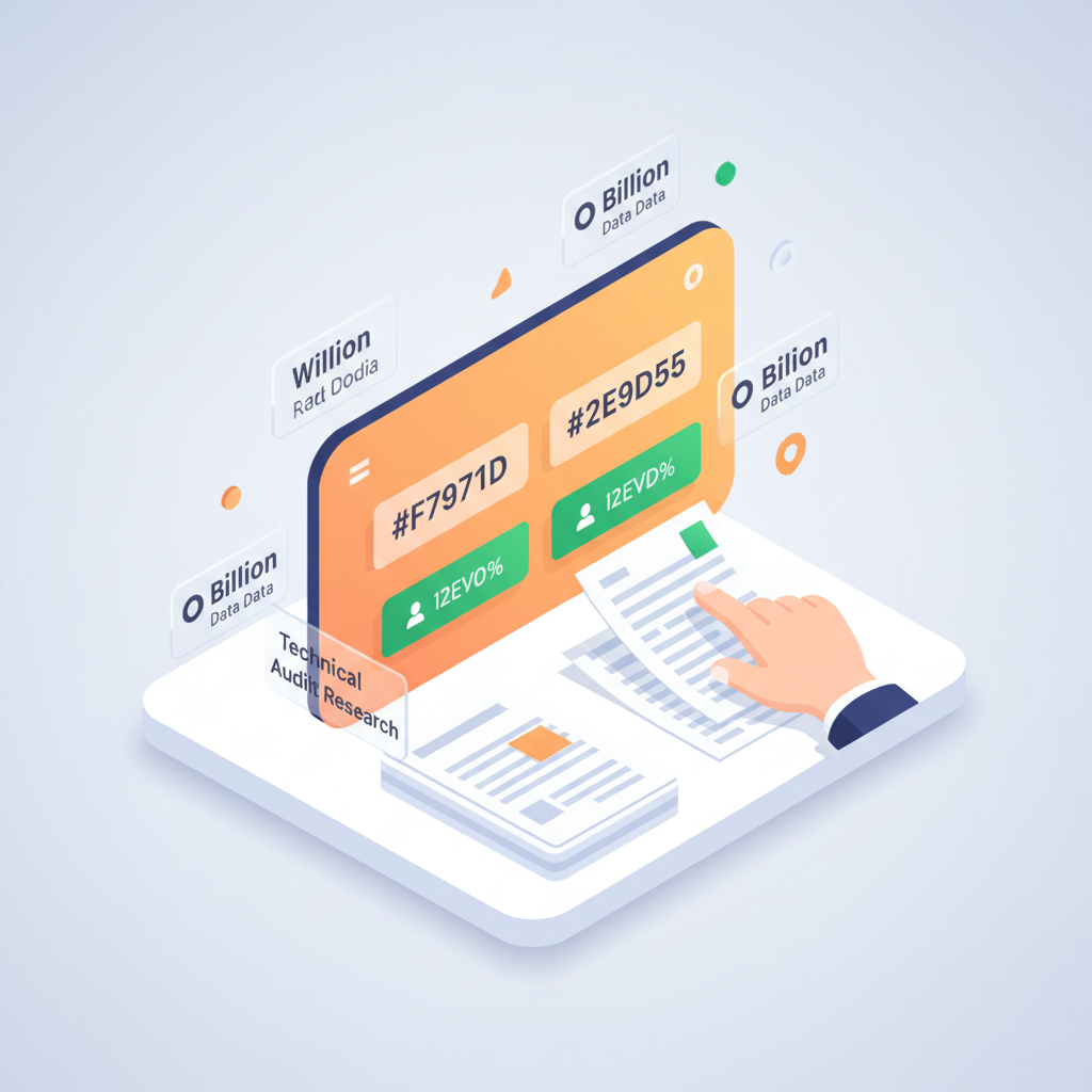 Modern workspace with digital dashboard, data clusters, and a hand reviewing SEO notes.