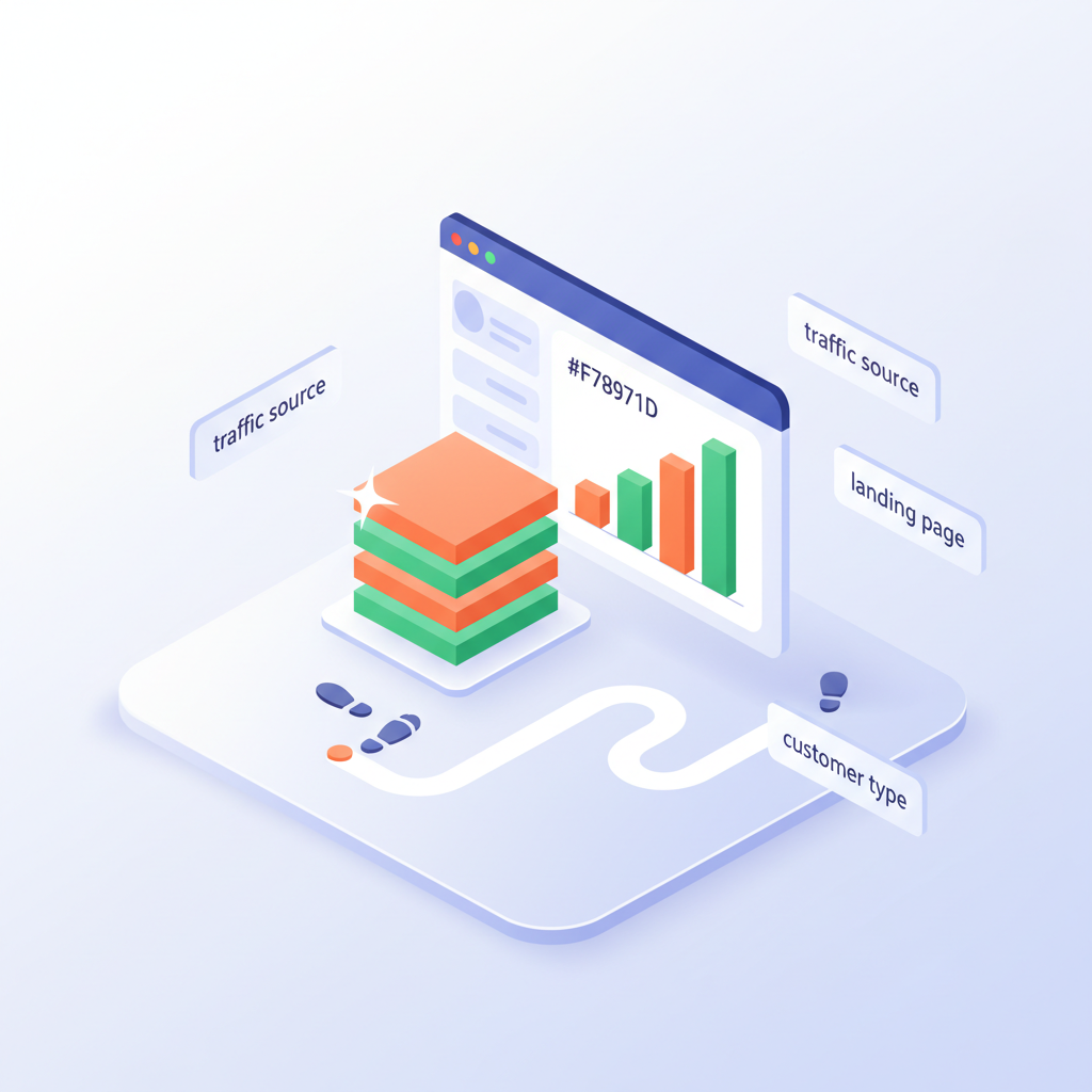 Modern workspace with digital dashboard, footprints, and floating data tags on gradient platform.