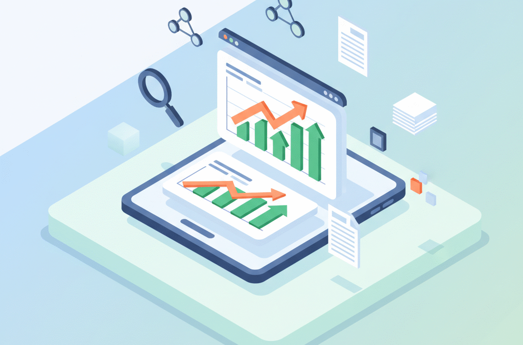 Modern workspace with digital dashboard, growth arrows, icons, and strategic planning elements.