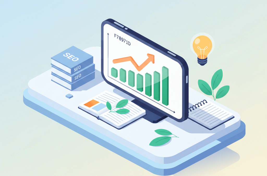 Modern workspace with digital dashboard, growth icons, books, leaves, and glowing lightbulb.