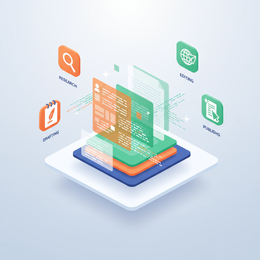 Modern workspace with digital dashboard, icons, and layered content in vibrant orange and green hues.