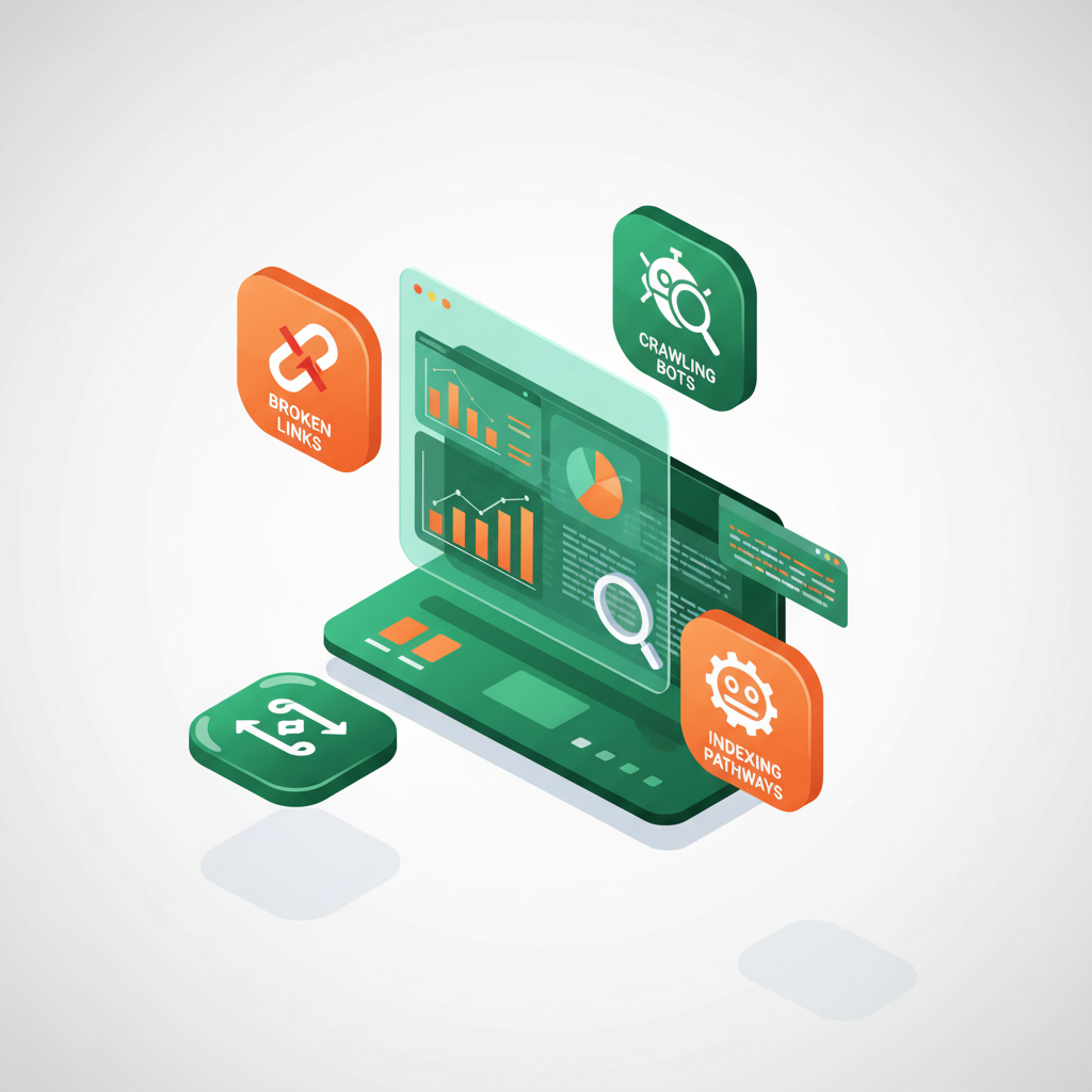 Modern workspace with digital dashboard, icons for links, bots, and indexing, in vibrant orange and green.
