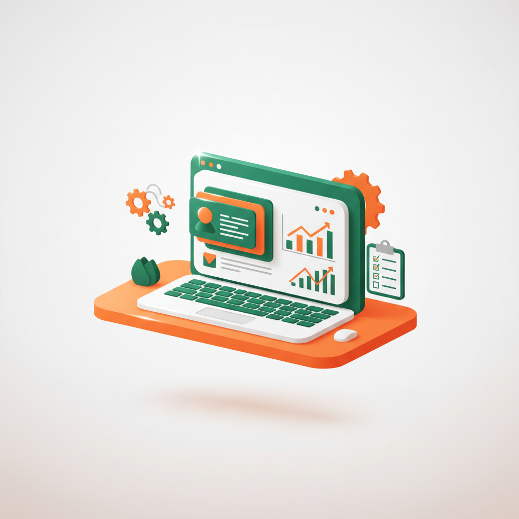 Modern workspace with digital dashboard, inventory charts, trend graphs, and strategic icons.