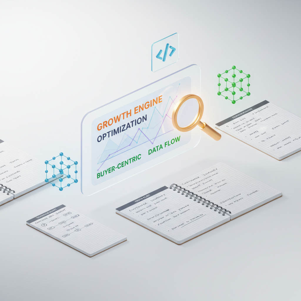 Modern workspace with digital dashboard, notebooks, magnifying glass, and floating coding icons.