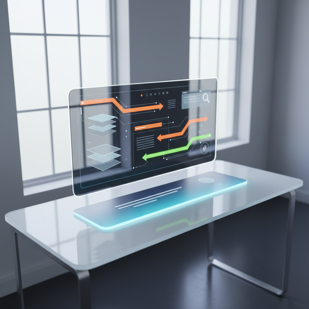 Modern workspace with digital dashboard showing colorful data streams and abstract site structure elements.