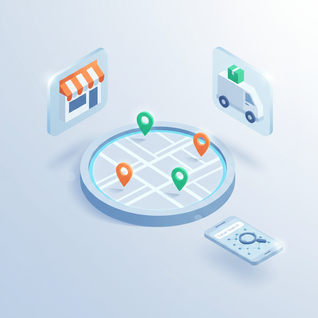 Modern workspace with digital map, location pins, storefront, delivery van, and smartphone icons.