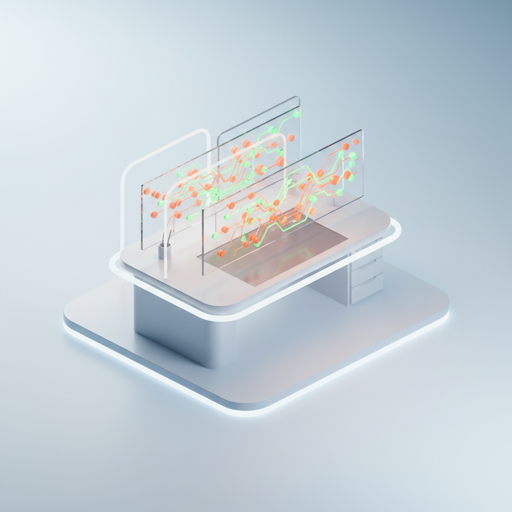 Modern workspace with digital screens displaying glowing data streams and interconnected nodes.