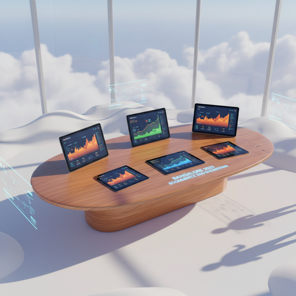 Modern workspace with digital tablets displaying colorful data charts and vibrant lighting.