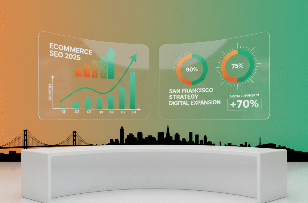 Modern workspace with floating screens showing growth charts, cityscape, and vibrant background.
