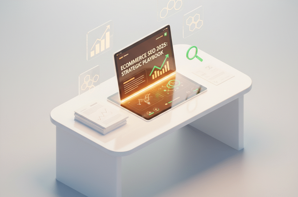 Modern workspace with glowing digital playbook, growth icons, and white papers on isometric desk.