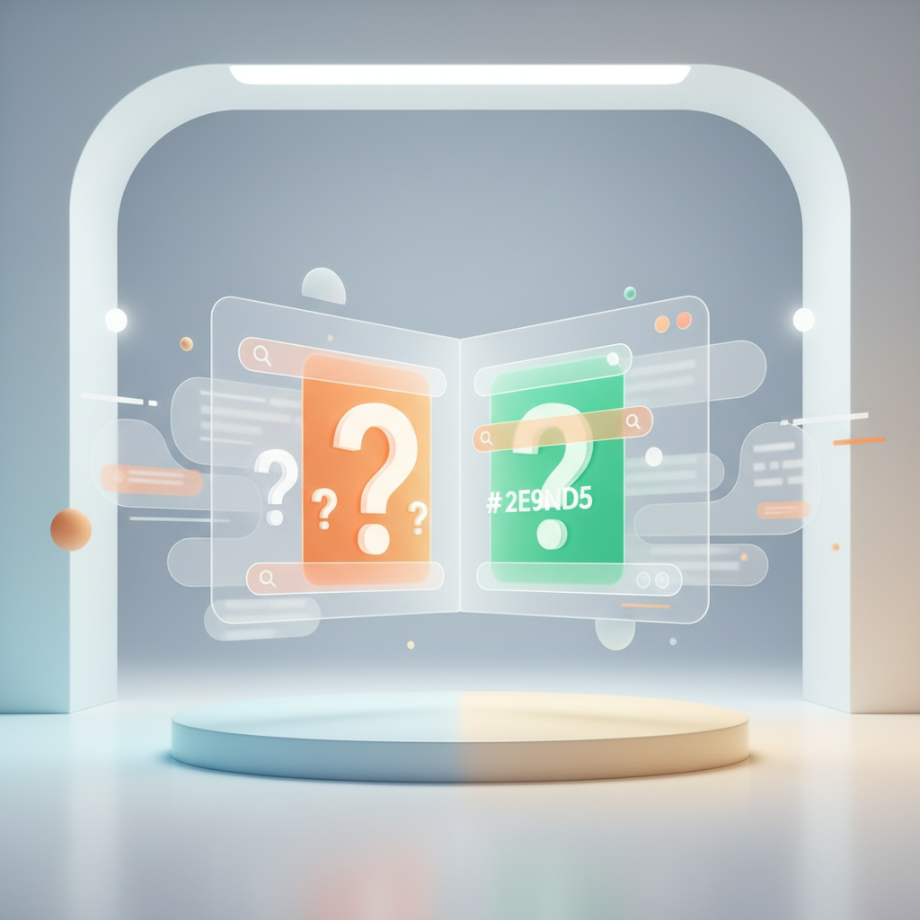 Modern workspace with glowing question marks, search bars, and data streams on a gradient platform.