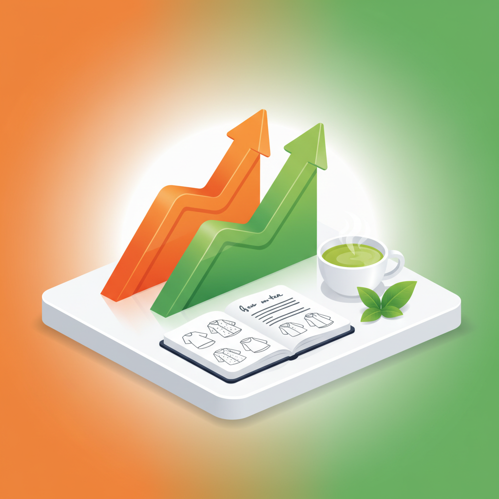 Modern workspace with growth charts, notes, green tea, and organic leaves on colorful background.
