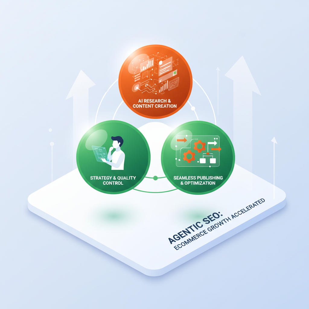 Modern workspace with interconnected glowing orbs representing AI, strategy, and automation growth.