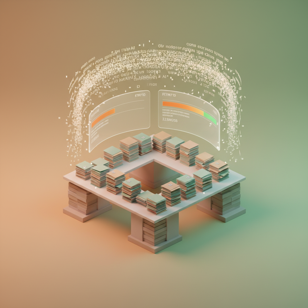 Modern workspace with isometric desk, digital progress bars, floating data streams, and gradient background.