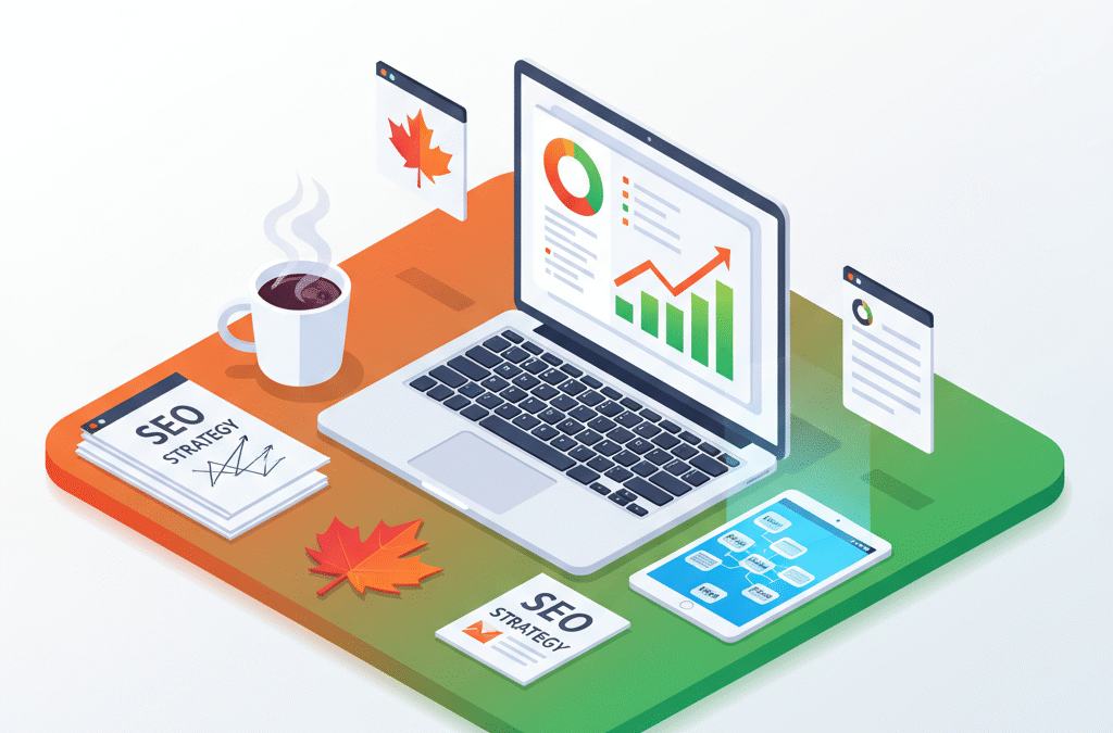 Modern workspace with laptop, coffee, notes, maple leaf, and digital tablet on colorful gradient background.