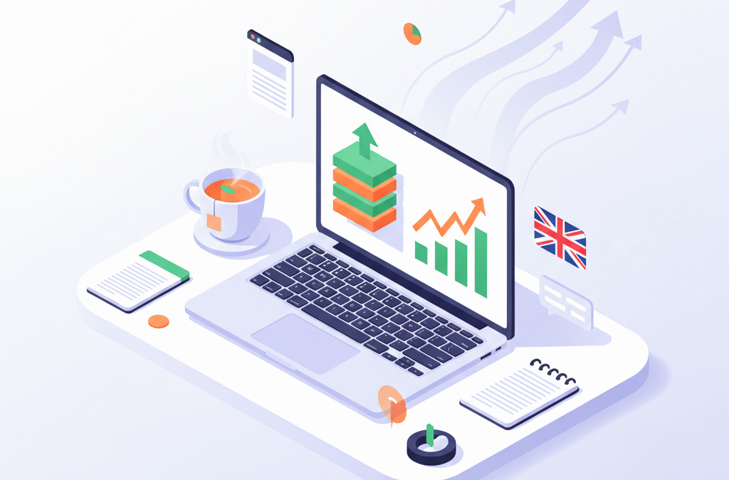 Modern workspace with laptop displaying growth charts, notes, tea, and UK flag pin.