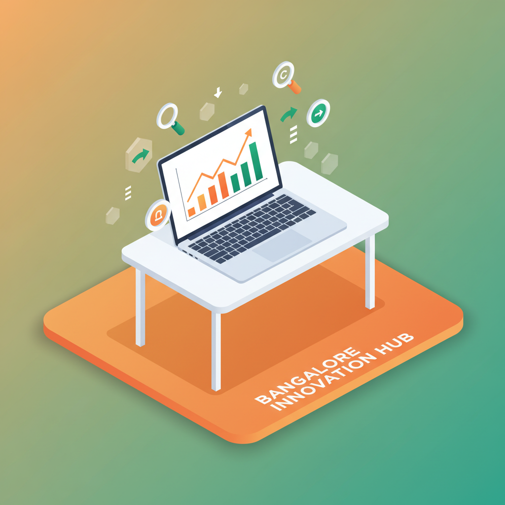 Modern workspace with laptop displaying growth graphs, data nodes, and search icons in vibrant colors.