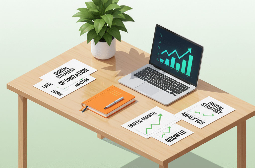 Modern workspace with laptop displaying upward graphs, orange notebook, plant, and SEO charts.