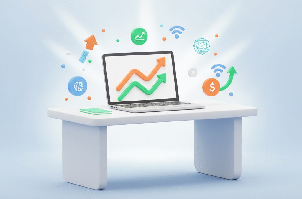 Modern workspace with laptop displaying upward graphs, digital icons, and soft lighting.