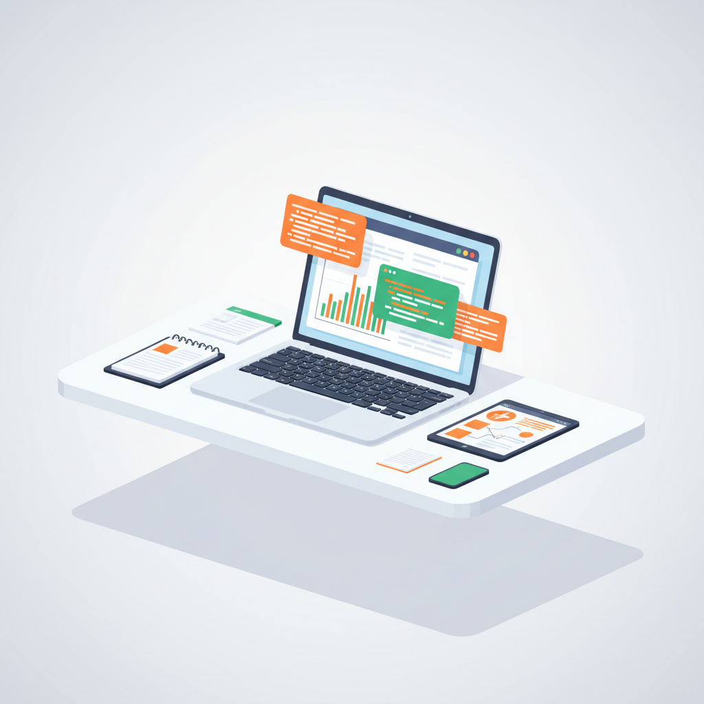 Modern workspace with laptop, notes, and tablet displaying charts and flow diagrams.