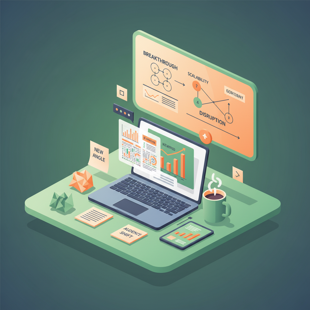 Modern workspace with laptop, notes, coffee, and whiteboard of strategy diagrams in vibrant colors.