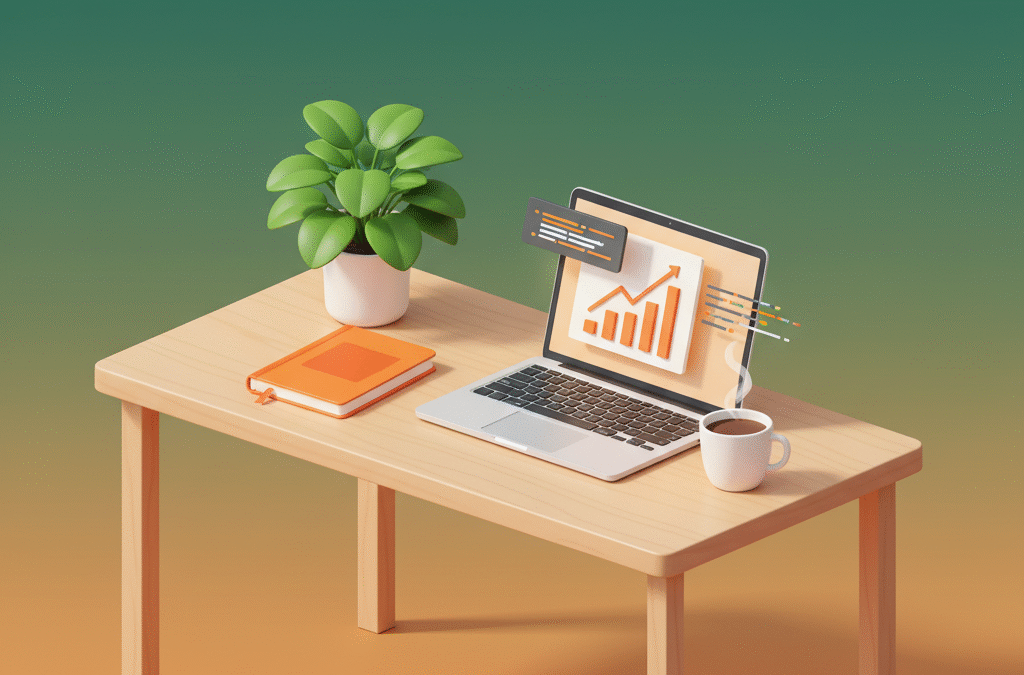 Modern workspace with laptop, orange notebook, green plant, coffee cup, and colorful background.