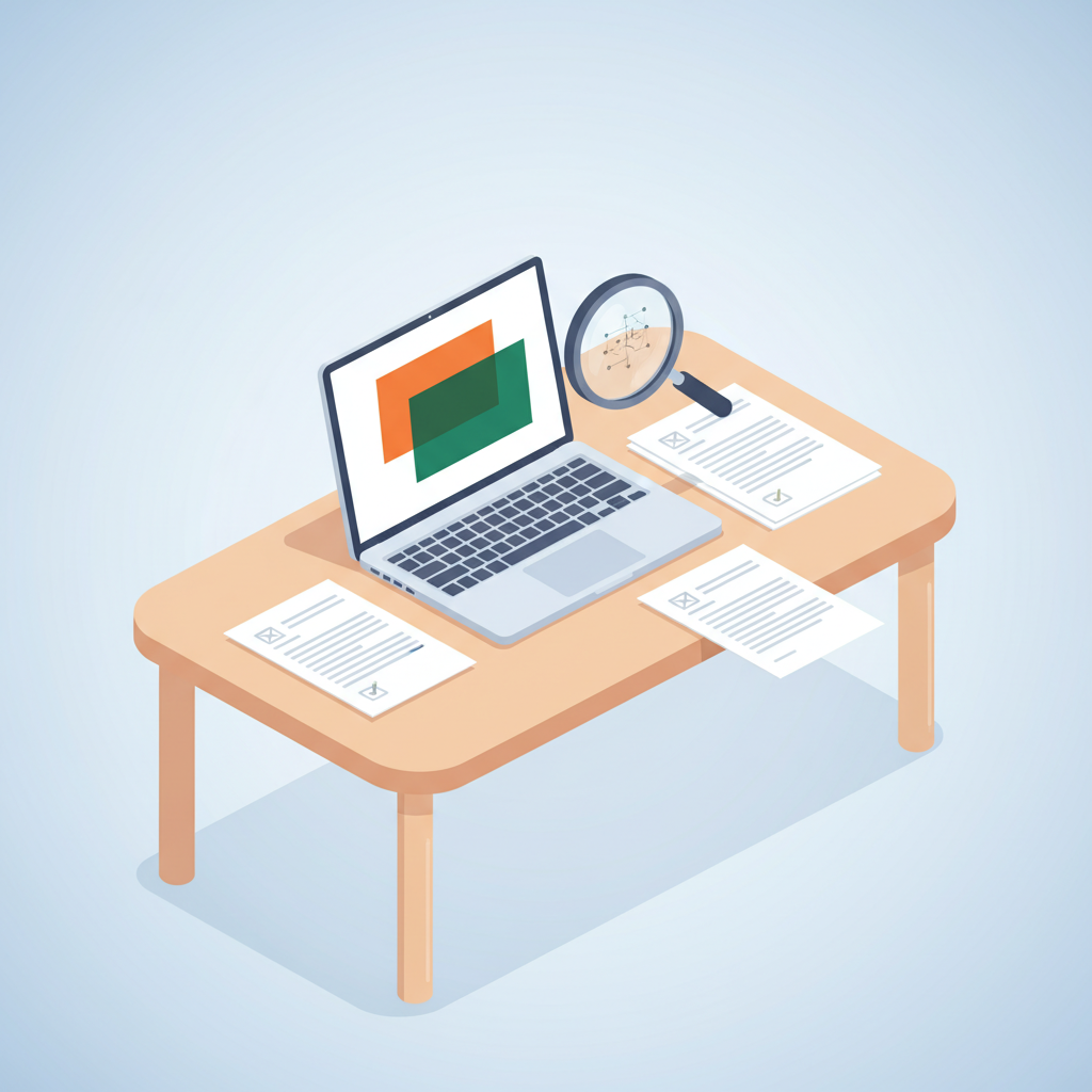 Modern workspace with laptop, printed sheets, magnifying glass, and colorful vector shapes.