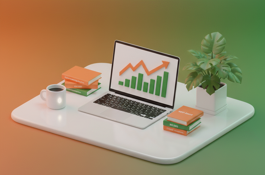 Modern workspace with laptop showing growth charts, books, coffee, and plant on orange-green gradient background.