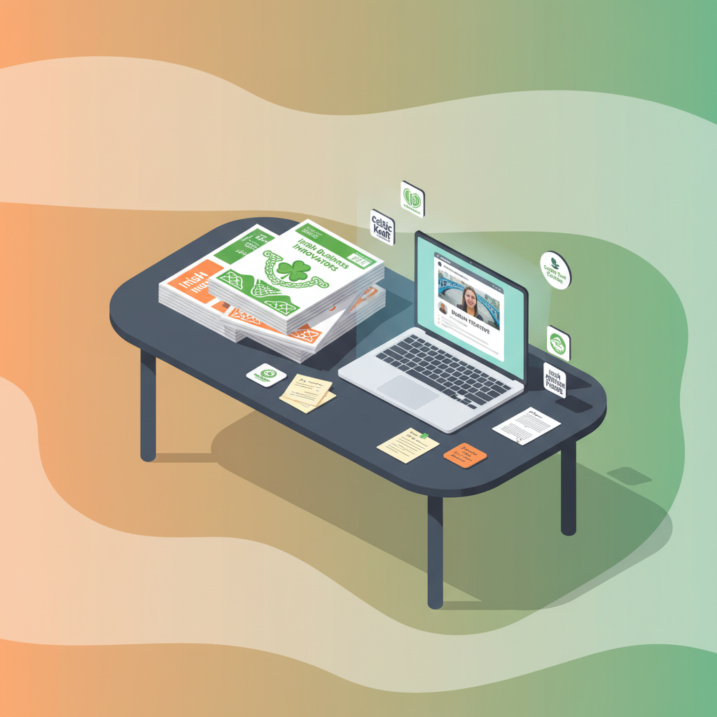 Modern workspace with magazines, glowing laptop, handwritten notes, and business logos on vibrant background.