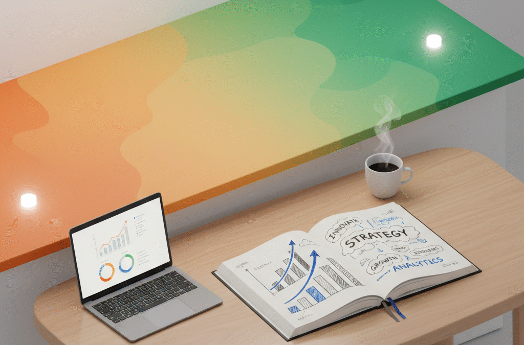 Modern workspace with notebook, laptop, coffee cup, and vibrant orange-green background.