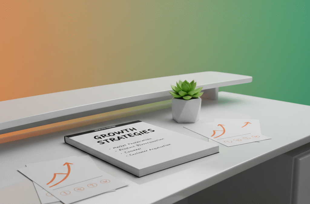 Modern workspace with notebook, succulent, and growth graphs on a rounded desk, vibrant background.