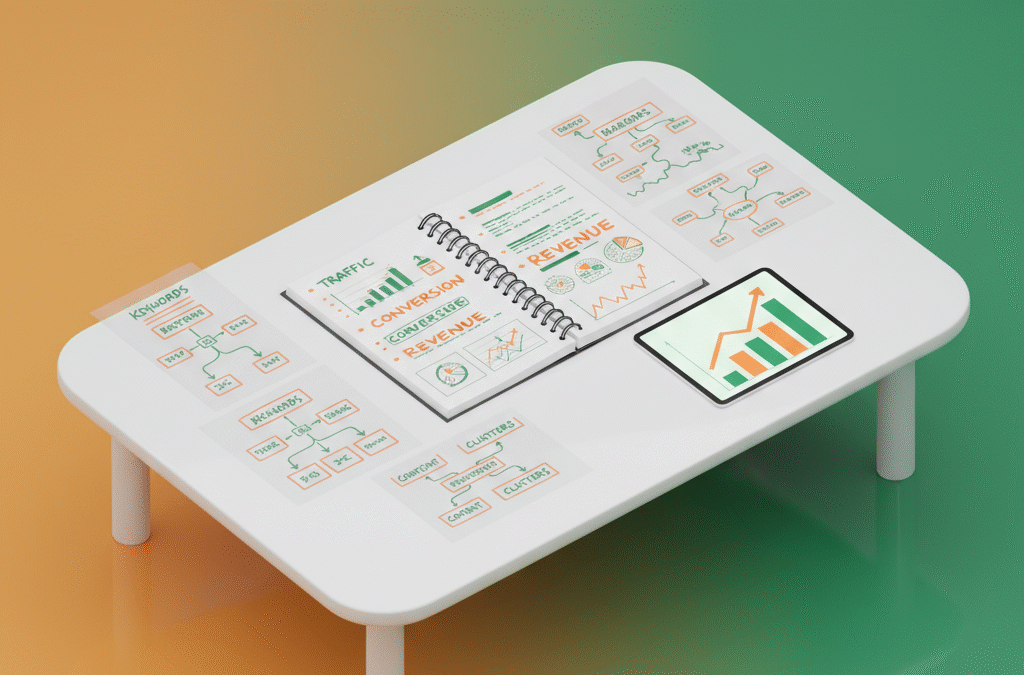 Modern workspace with notebook, tablet, and flowcharts on vibrant orange-green gradient background.