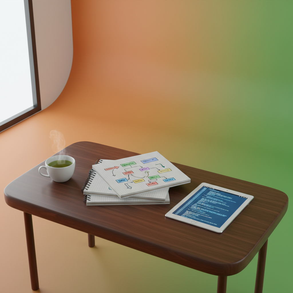 Modern workspace with notebooks, tablet displaying data, and green tea on a wooden desk.