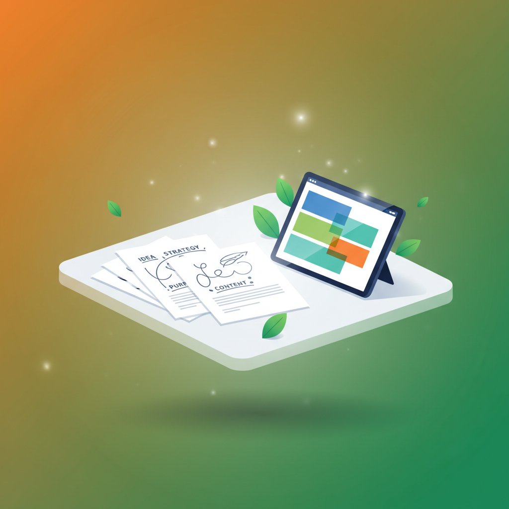 Modern workspace with notes, digital tablet, green leaves, bright lighting, emphasizing clarity and growth.