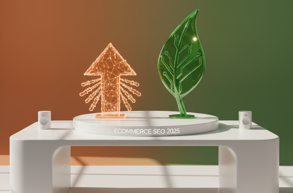 Modern workspace with orange digital arrow and green circuit leaf on white platform against orange-green gradient background.