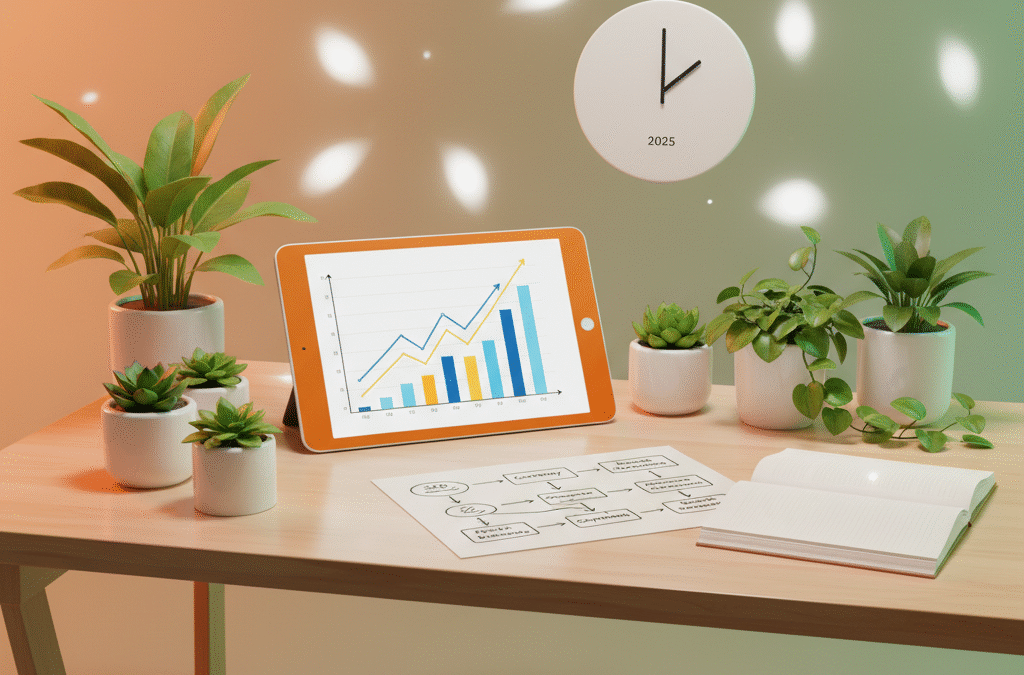 Modern workspace with orange tablet showing rising graphs, plants, notebooks, and a clock.