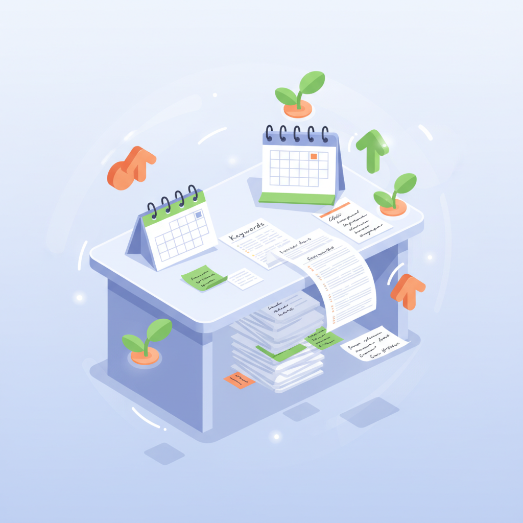 Modern workspace with outdated calendars, handwritten notes, and growth icons on gradient background.