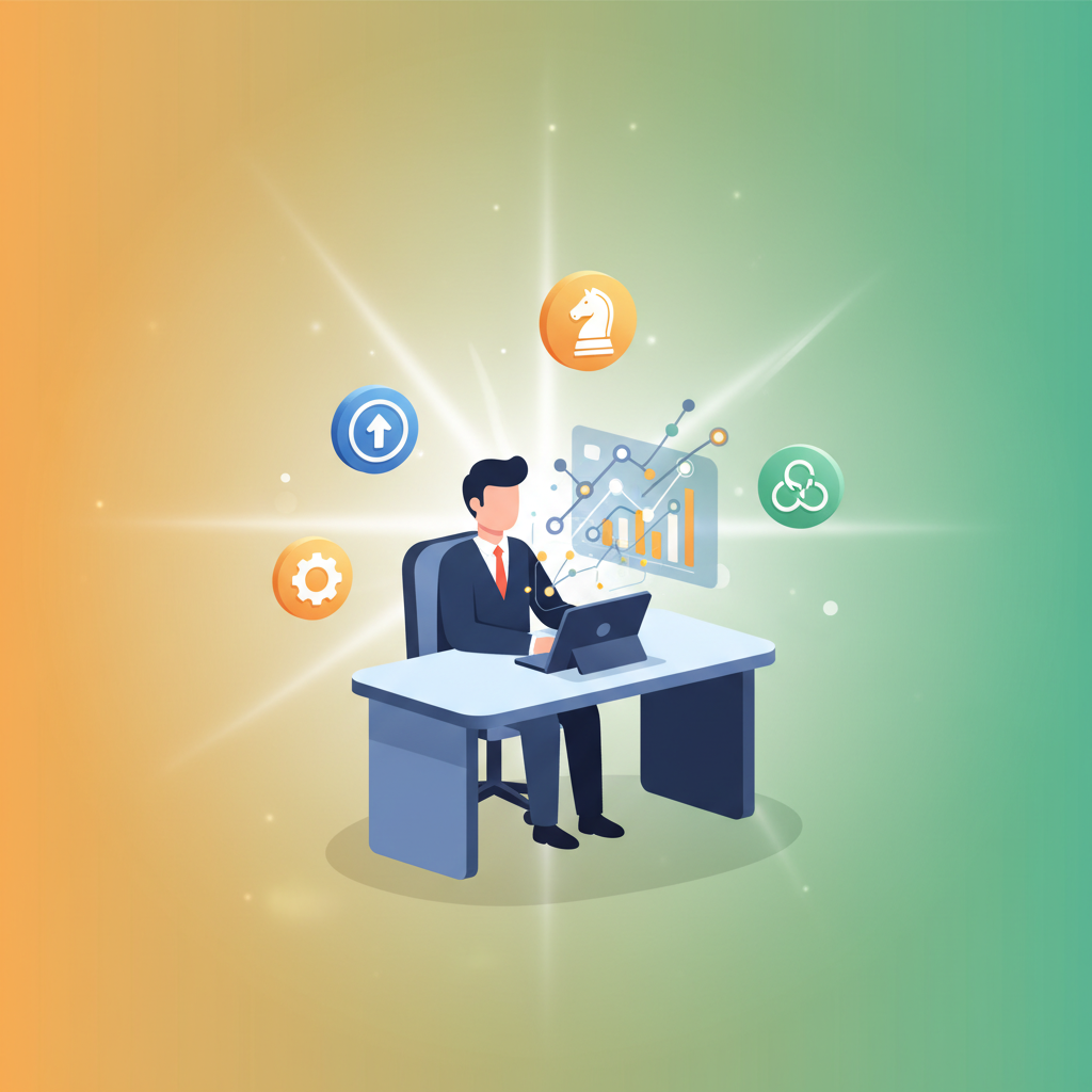 Modern workspace with professional analyzing digital analytics and data streams, surrounded by growth icons.