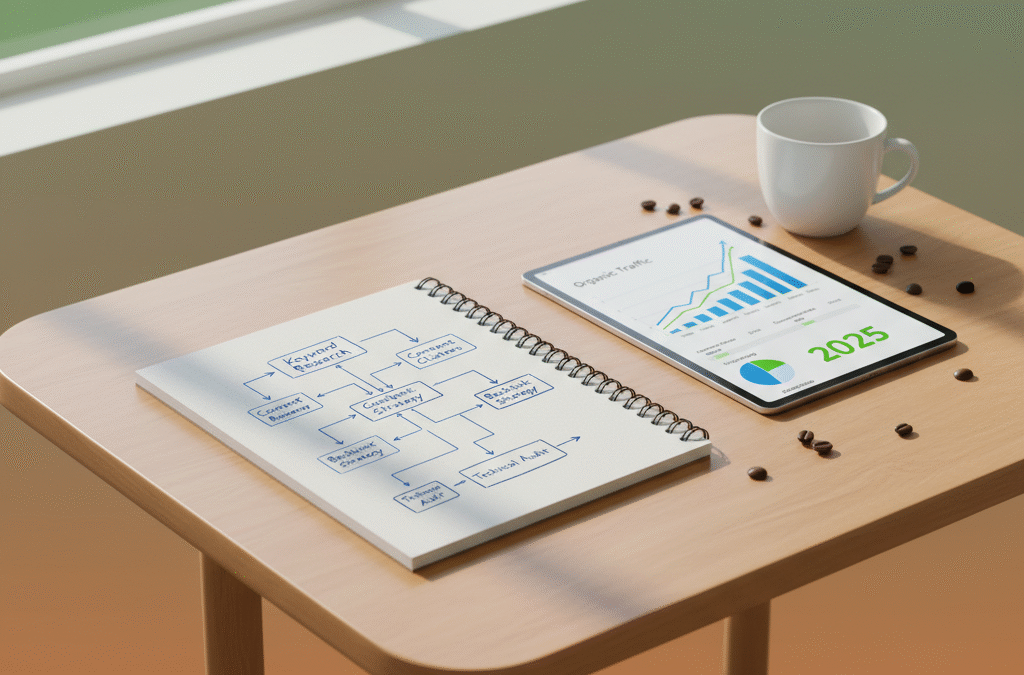 Modern workspace with SEO sketches, analytics, coffee beans, and vibrant gradient background.