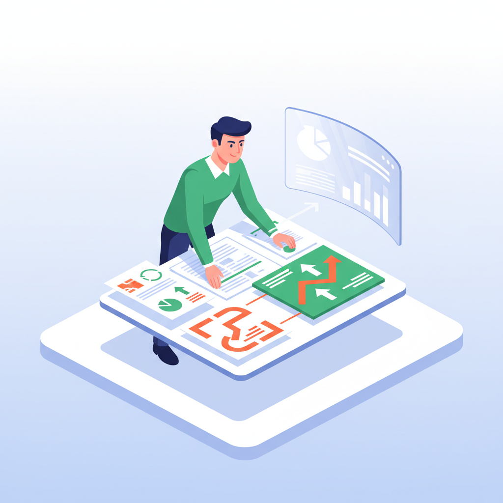 Modern workspace with strategist analyzing flowcharts and digital interface for AI-driven optimization.