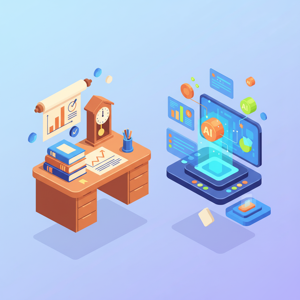 Modern workspace with traditional desk and digital AI data console side by side.