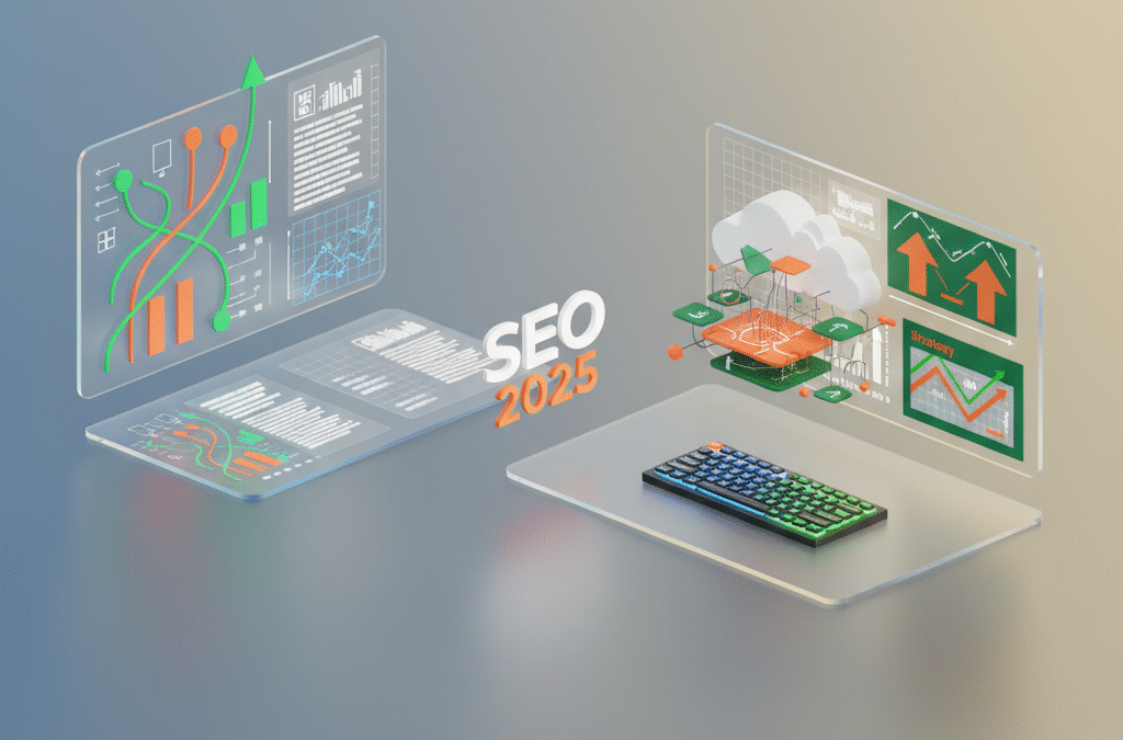 Modern workspace with vibrant data charts, digital documents, network grid, and strategy maps.
