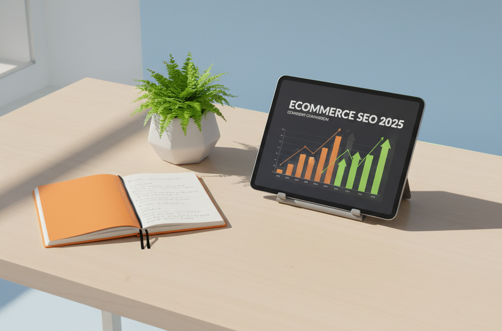 Modern workspace with wooden desk, orange notebook, green plant, and digital tablet showing upward trending charts.