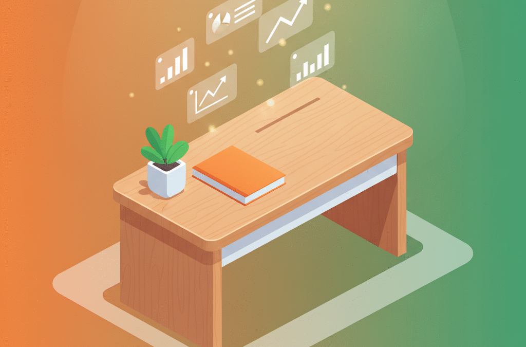 Modern workspace with wooden desk, orange notebook, green plant, floating digital charts, and gradient background.