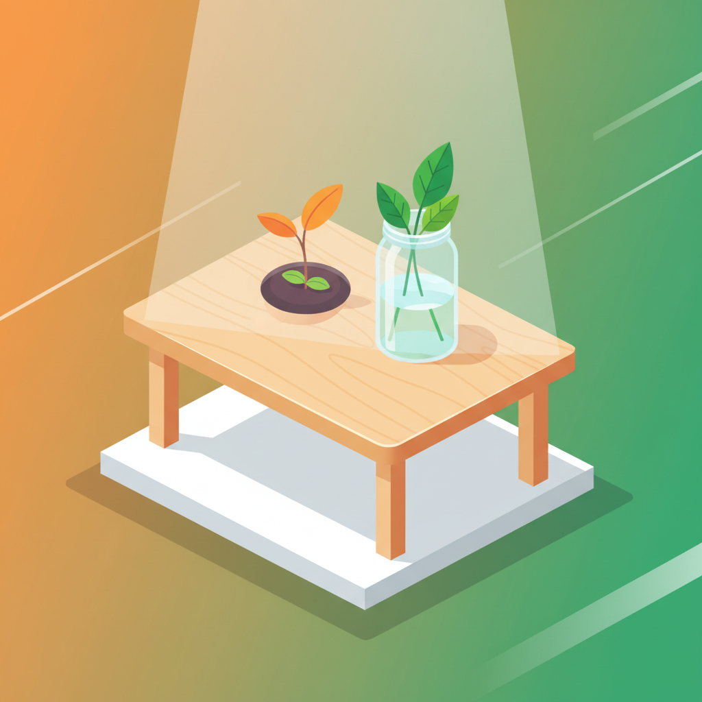 Modern workspace with wooden desk, orange seedling, green leaves, and vibrant gradient background.