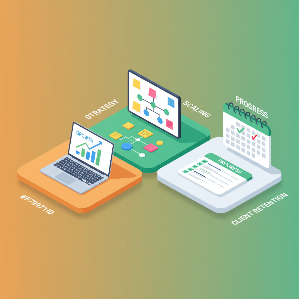 Modern workspace with zones for growth charts, strategy planning, and progress tracking under soft light.