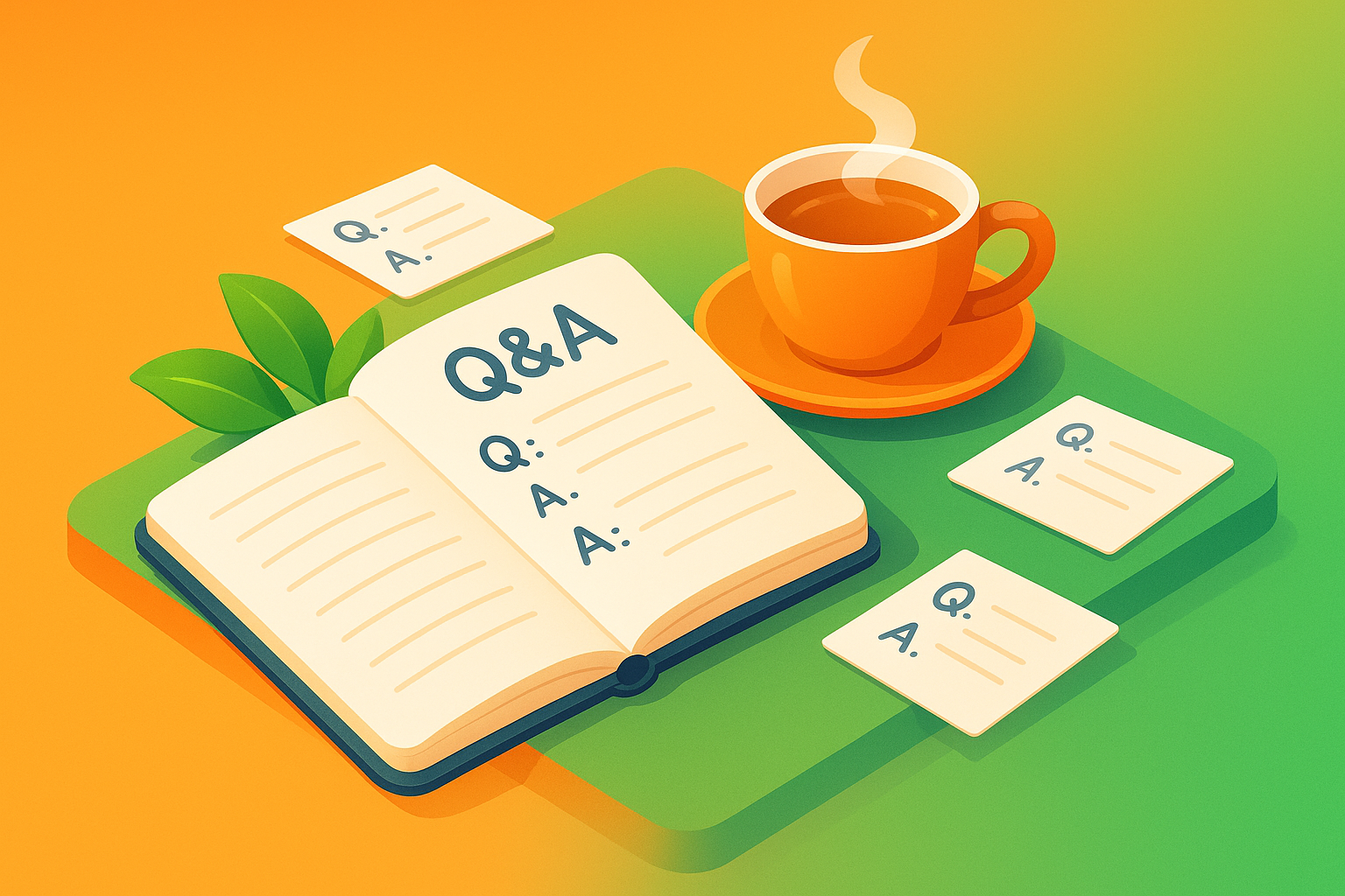 Open notebook with handwritten Q&A, tea, green leaves, and scattered pages on colorful platform.