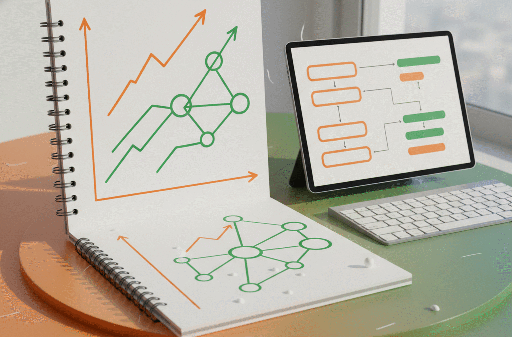 Open notebook with orange and green growth sketches, keyboard, and digital tablet on gradient background.
