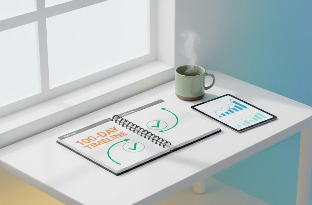 Open planner with 100-day timeline, tablet with analytics, green tea on modern workspace.