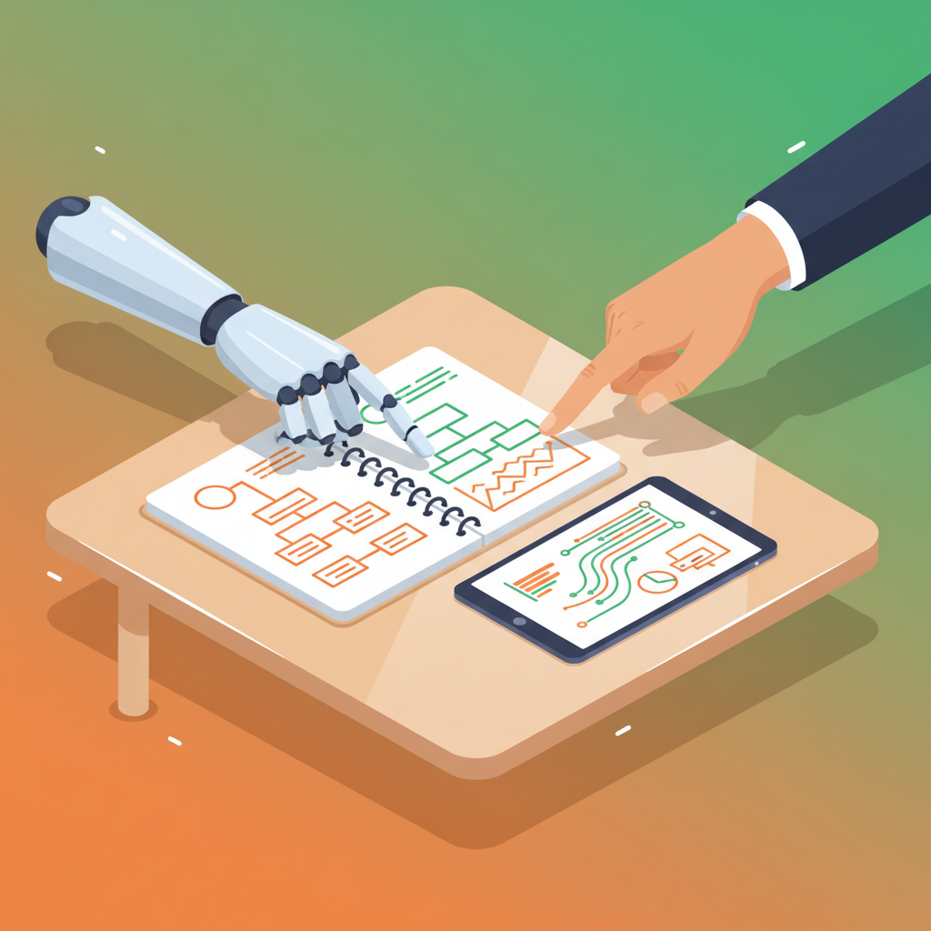 Robotic and human hands collaborate over workspace with diagrams, tablet, and colorful background.